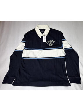 Coach Men's Navy/White/Blue Striped Polo Shirt L Long Sleeve Collared Logo